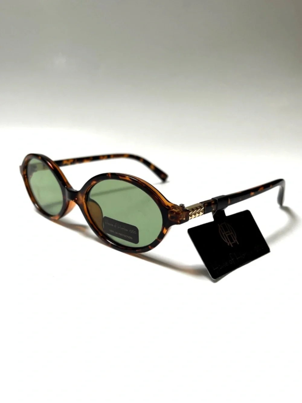 House of Harlow 1960 Slim Oval Sunglasses Acetate Tortoise Shell Green Lens NWT